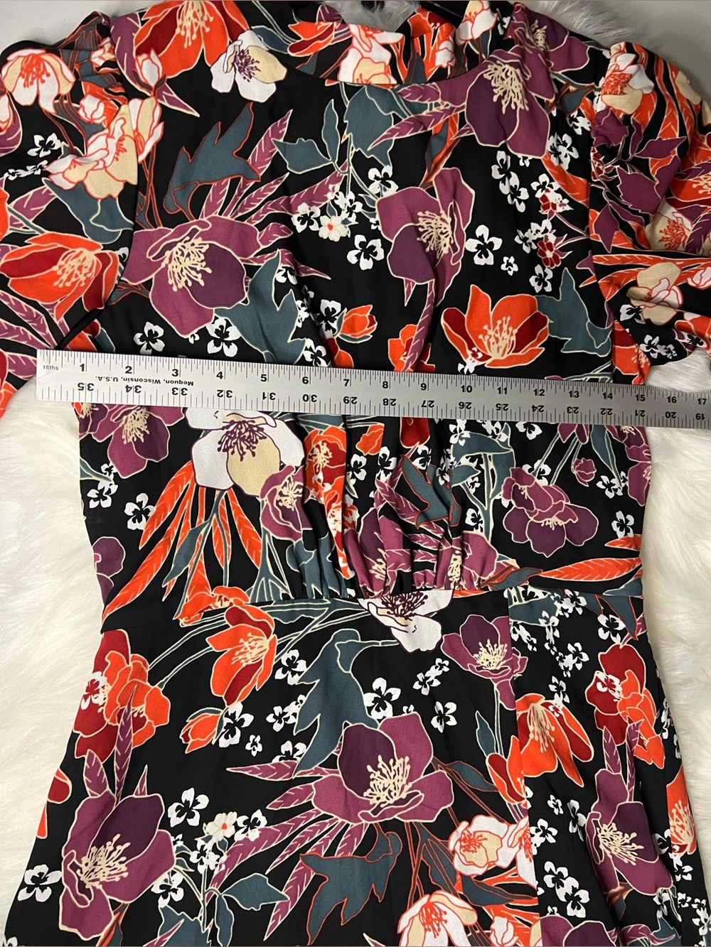 Julia Jordan  Puff Sleeve Midi Dress Black with Orange & Purple Floral Print S2 - Picture 8 of 16